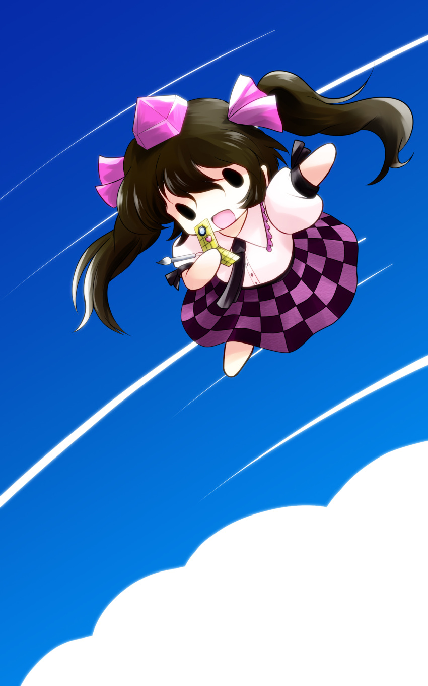 black_hair cellphone cloud clouds flying hat highres himekaidou_hatate long_hair necktie open_mouth outstretched_arms phone puffy_sleeves short_sleeves sky solo tokin_hat touhou twintails yume_shokunin