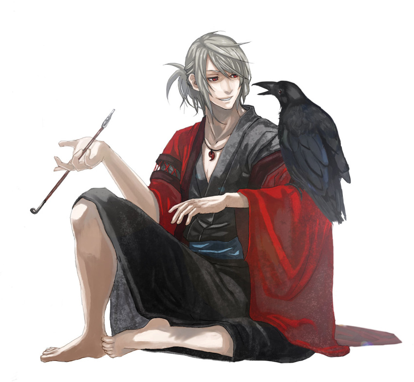 barefoot bird crow feet grey_hair japanese_clothes kirinosuke kiseru male original pipe red_eyes simple_background smile smiling traditional_clothes wafuku white_hair