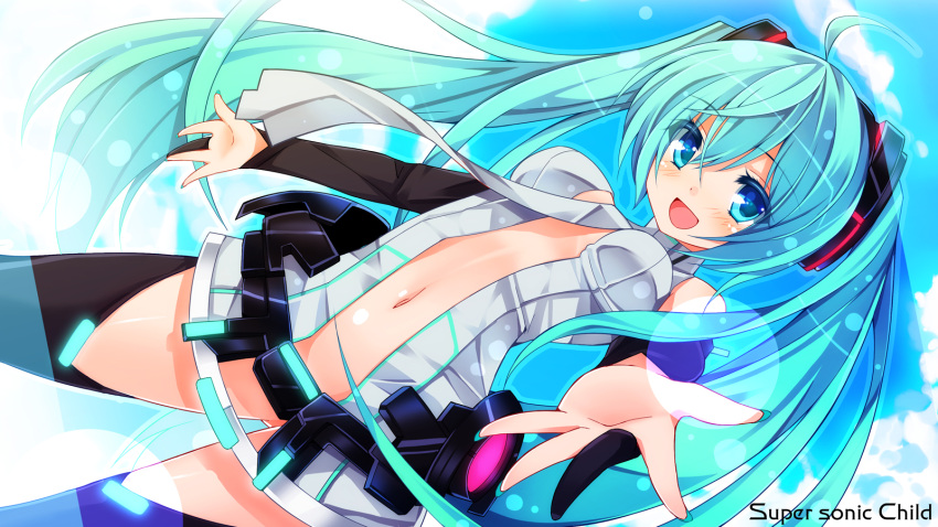 ahoge aqua_eyes aqua_hair aratant blue_eyes blue_hair bridal_gauntlets center_opening chiri_(atlanta) elbow_gloves fingerless_gloves gloves hatsune_miku hatsune_miku_(append) highres long_hair looking_at_viewer miku_append nail_polish navel necktie open_mouth smile solo thigh-highs thighhighs twintails very_long_hair vocaloid vocaloid_append