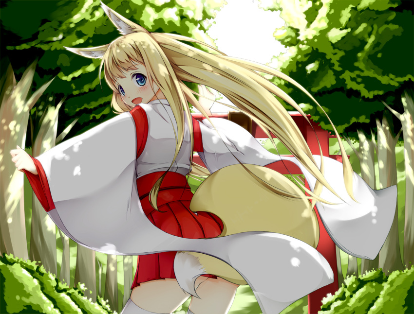:d animal_ears blonde_hair blue_eyes blush fox_ears fox_tail from_behind jougen looking_at_viewer looking_back open_mouth original outstretched_arms smile solo tail thigh-highs thighhighs torii white_legwear
