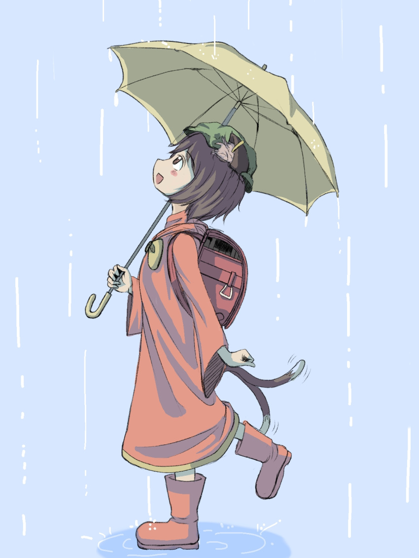 alvis_(artist) backpack bag boots chen highres profile rain raincoat randoseru rubber_boots solo touhou umbrella