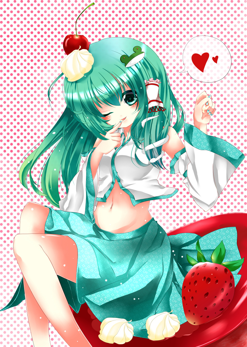 absurdres blush cherry cream detached_sleeves food frog_hair_ornament fruit green_eyes green_hair hair_ornament hair_tubes highres kochiya_sanae long_hair navel oumi_hi snake_hair_ornament solo touhou wide_sleeves wink
