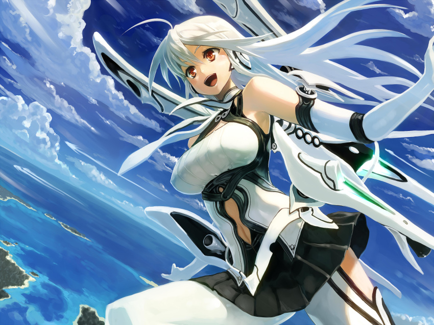 ahoge breasts chimochimo clouds cloudy_sky elbow_gloves gloves highres island jetpack large_breasts long_hair navel navel_cutout open_mouth original red_eyes smile solo thigh-highs thighhighs white_gloves white_hair white_legwear