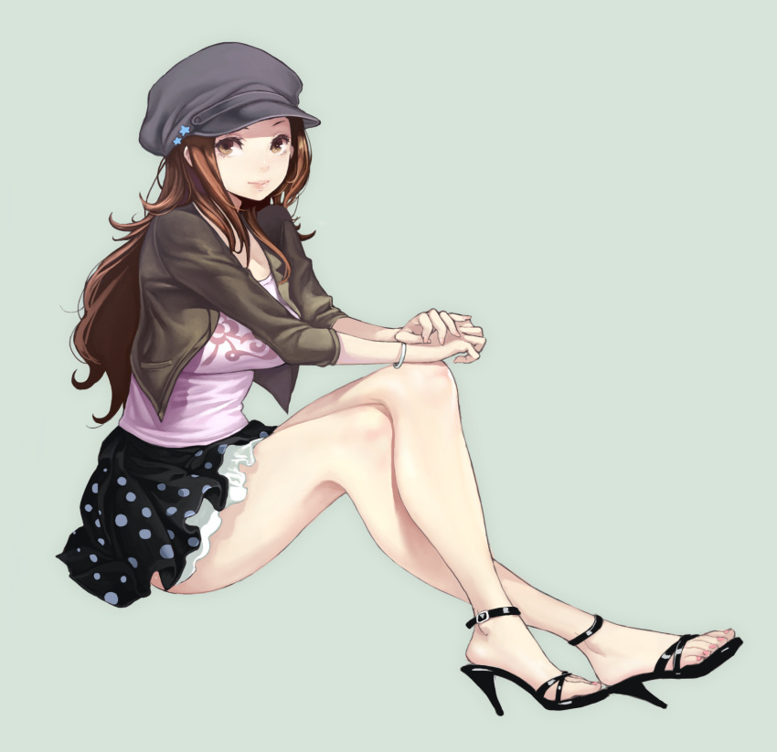 1girl brown_hair cabbie_hat copyright_request crossed_legs fasces female hat high_heels highres jacket legs_crossed long_hair looking_at_viewer open_shoes shoes simple_background sitting skirt solo star