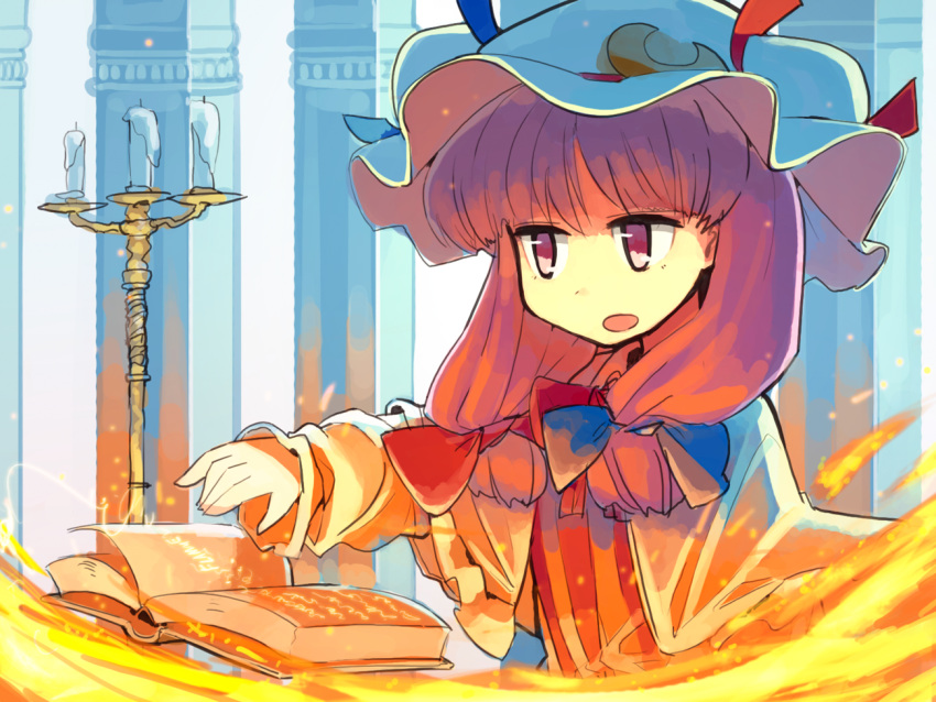 book bow candle capelet crescent hair_bow hat juraki_hakuaki long_hair long_sleeves open_mouth patchouli_knowledge pillar purple_eyes purple_hair solo touhou violet_eyes