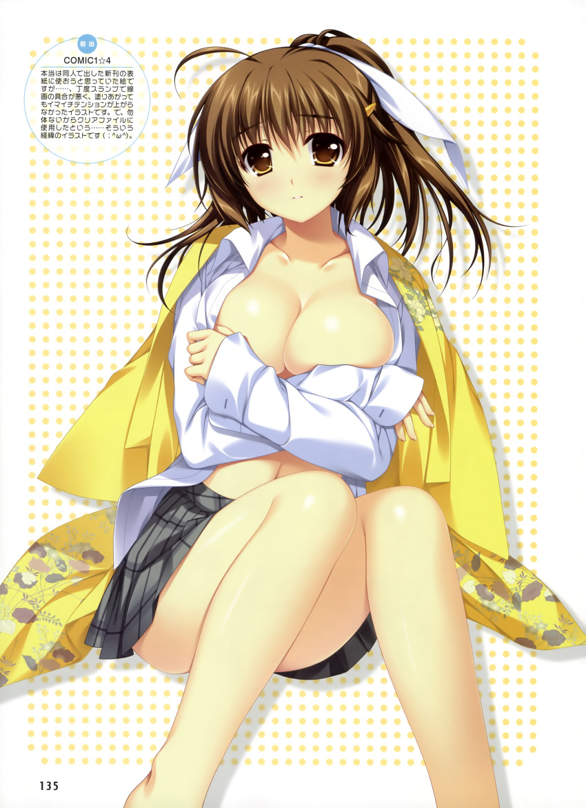 absurdres alpha_(artist) breasts brown_eyes brown_hair cleavage dengeki_moeou hair_ornament hairclip highres large_breasts open_clothes open_shirt parted_lips plaid plaid_skirt pleated_skirt ponytail scan sitting skirt solo