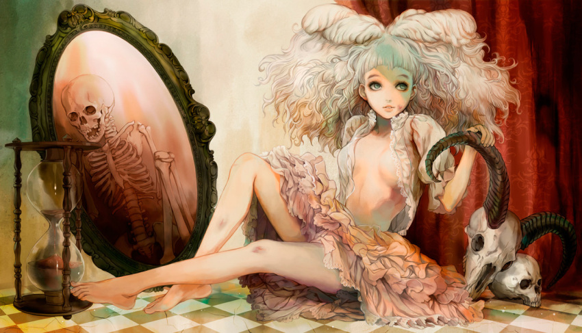 aqua_eyes bare_legs barefoot big_hair checkered checkered_floor cover cover_page curtains different_reflection feet frilled_skirt horns hourglass looking_away mirror open_clothes open_shirt original parted_lips reflection sitting skeleton skirt skull tsulala white_hair