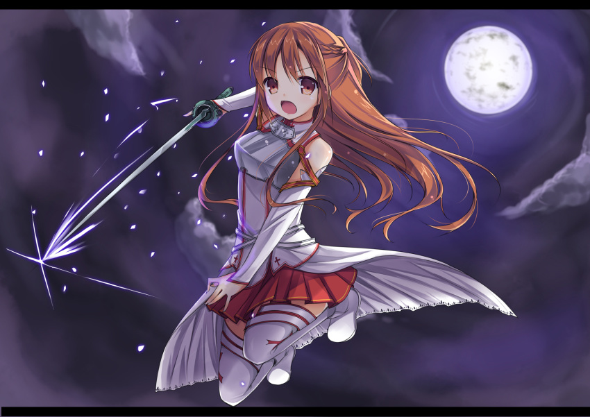 amemiya_ruki asuna_(sao) bare_shoulders breastplate brown_eyes brown_hair detached_sleeves full_moon highres holding letterboxed long_hair moon open_mouth skirt solo sword sword_art_online thigh-highs thighhighs weapon white_legwear