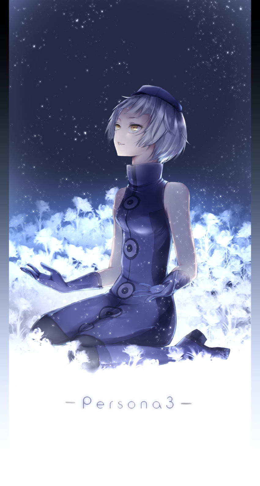 bare_shoulders boots dress elizabeth_(persona) gloves hat highres pantyhose persona persona_3 short_hair sitting sleeveless sleeveless_dress solo takka_(aegis9294) white_hair yellow_eyes