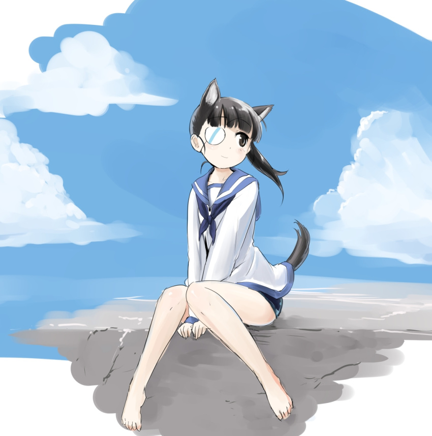 animal_ears barefoot black_hair blush brown_eyes cloud clouds eyepatch mozu_(peth) ponytail sakamoto_mio school_swimsuit sitting sky smile solo strike_witches swimsuit swimsuit_under_clothes tail
