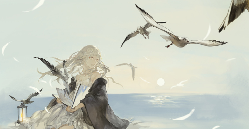 1girl bare_shoulders bird book coat dress feathers highres ibaraki lamp long_hair ocean off_shoulder open_mouth original seagull silver_hair sitting sky smile solo sun white_dress wind yellow_eyes