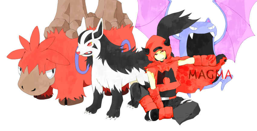 1boy 6325-inu6325 camerupt cape golbat highres homura_(pokemon) mightyena pokemon pokemon_(creature) pokemon_(game) pokemon_rse red_eyes simple_background sitting smile team_magma uniform