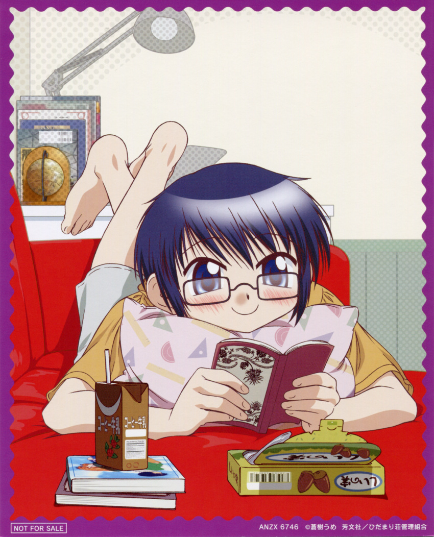 absurdres barefoot blue_eyes blue_hair blush casual couch glasses hidamari_sketch highres juice_box official_art pillow pillow_hug reading sae scan smile solo