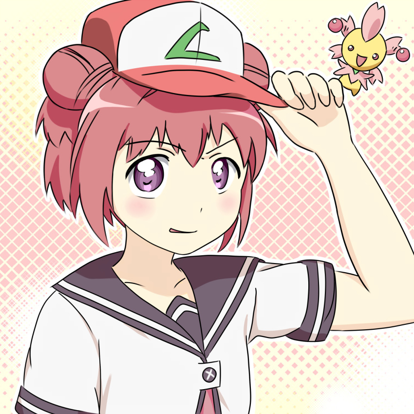 akaza_akari cherrim crossover double_bun hat pokemon satoshi_(pokemon) school_uniform serafuku short_hair sig_(artist) skirt yuru_yuri