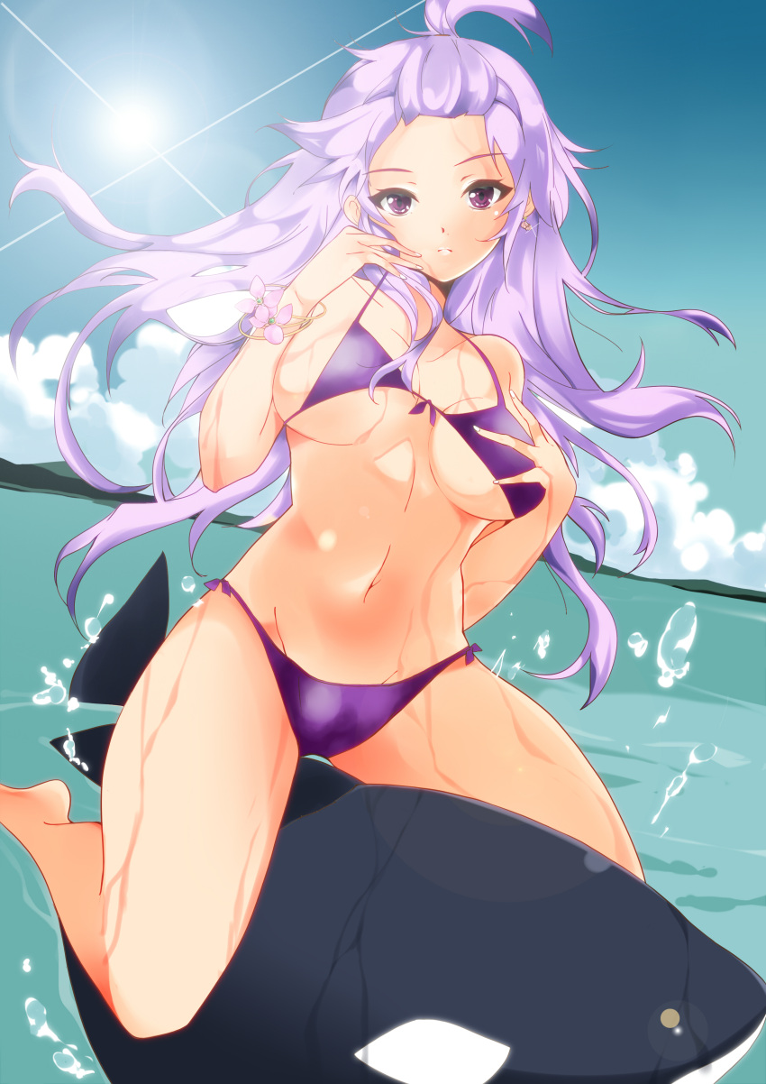 1girl bikini breasts highres large_breasts long_hair orca original purple_eyes purple_hair riding solo sun swimsuit topknot violet_eyes wet whale yusato