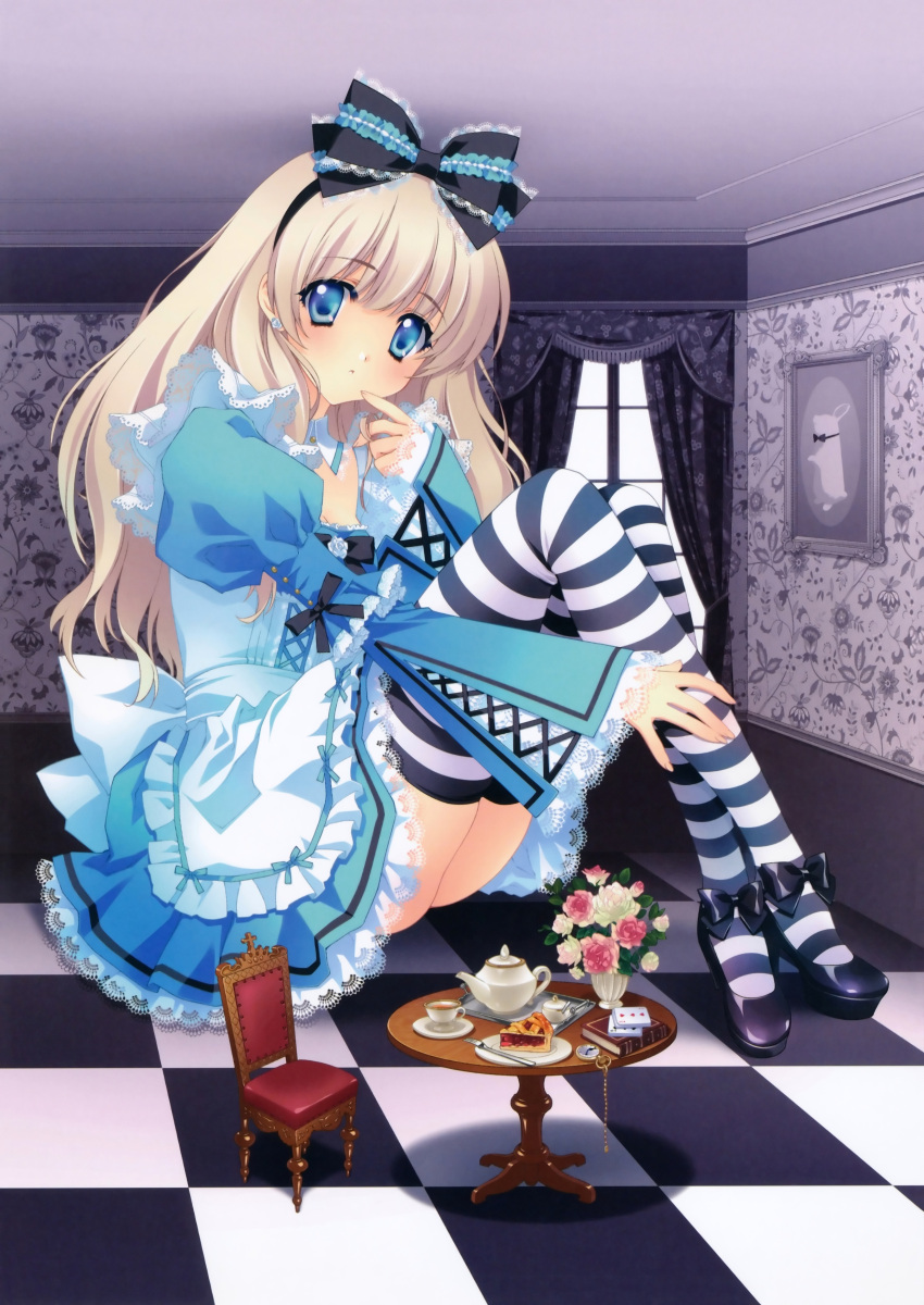 absurdres alice_(wonderland) alice_in_wonderland blonde_hair blue_eyes book bow card carnelian chair cup dress earrings giantess hair_bow highres jewelry lace playing_card pocket_watch striped striped_legwear table teacup teapot teaspoon thigh-highs thighhighs watch