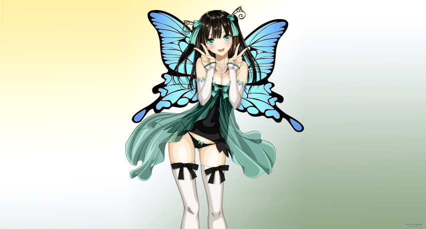 aqua_eyes black_hair bow butterfly cleavage long_hair panties taka_tony thigh-highs thighhighs underwear vector wings