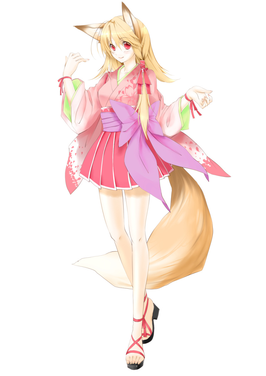 animal_ears ankle_lace-up blonde_hair cross-laced_footwear feet female fox_ears fox_tail highres japanese_clothes kimono kimono_skirt kyougoku_touya long_hair no_socks original red_eyes sandals simple_background smile solo tail toes white_background