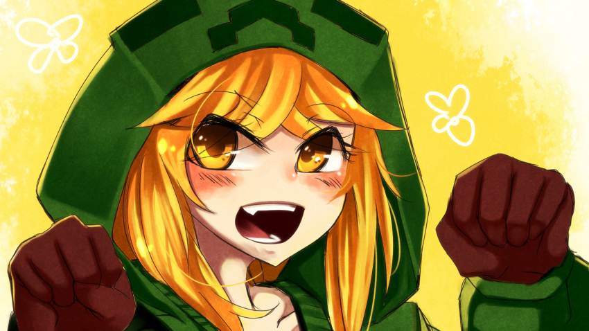 1girl at2. blonde_hair bust clenched_hand creeparka creeper gloves minecraft open_mouth solo teeth yellow_eyes