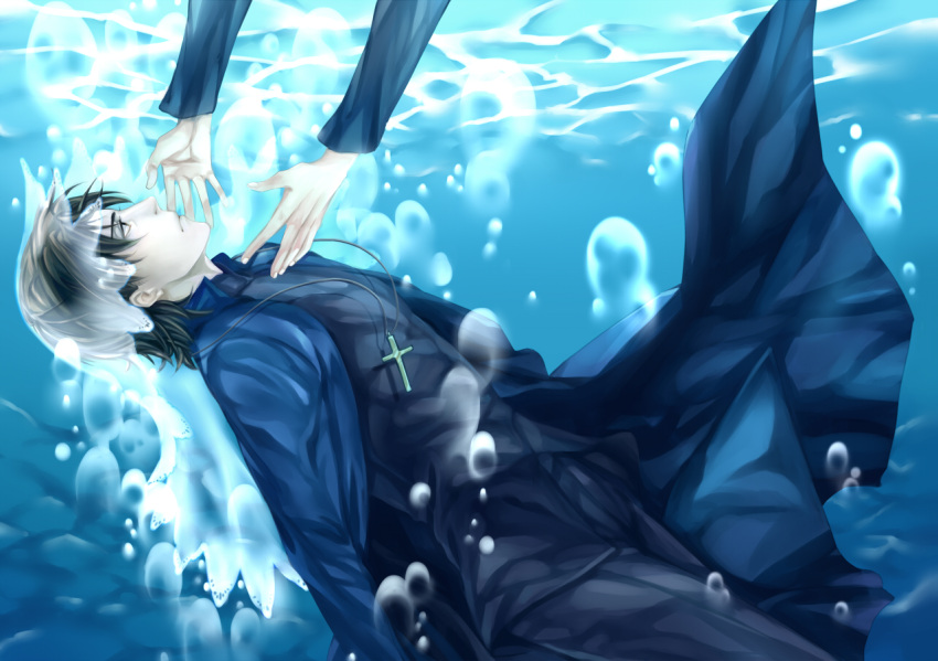 bad_id brown_eyes brown_hair cassock cross cross_necklace falling fate/stay_night fate_(series) haruhikohiko jewelry kotomine_kirei necklace outstretched_arms underwater veil