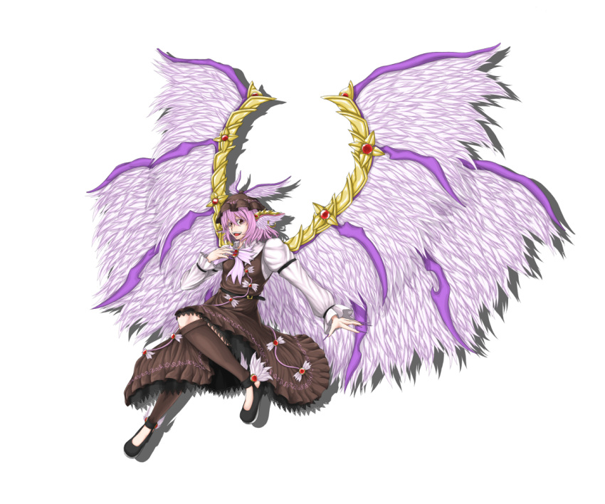 alternate_wings animal_ears arm_strap belt brown_dress dress full_body hand_on_own_chest hat lace large_wings leg_warmers multiple_wings mystia_lorelei open_mouth pink_hair short_hair solo touhou winged_shoes wings wise0120