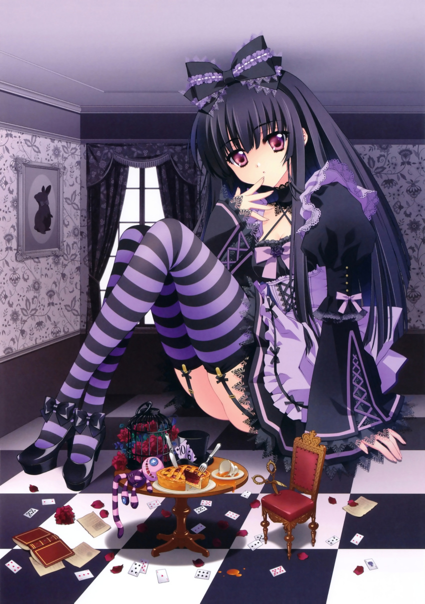 absurdres alice_(wonderland) alice_in_wonderland alternate_costume alternate_hair_color black_hair book bow breasts cage card carnelian chair checkered checkered_floor cleavage cup doll frills garter_straps giantess hair_bow highres knife lace lolita_fashion mad_hatter messy pie playing_card purple_eyes scissors spoon striped striped_legwear stuffed_toy table teacup teapot teaspoon thigh-highs thighhighs violet_eyes window