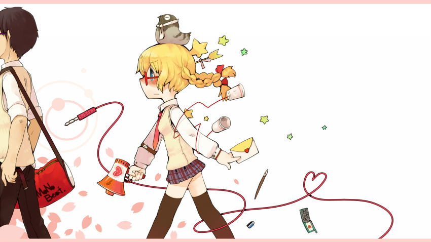 1girl animal_on_head arrow audio_jack bag belt bird black_legwear blonde_hair blue_eyes blush braid braids brown_hair cable cellphone cherry_blossoms copyright_request cup duffel_bag english envelope following frown glasses hair_ribbon heart heart_of_string highres kagamine_rin letter long_image love_letter masha megaphone necktie on_head original pen phone pigeon pleated_skirt purple-framed_glasses red-framed_glasses red_string ribbon school_uniform short_hair skirt star string string_phone string_telephone sweater_vest thigh-highs thighhighs twin_braids vocaloid walking wide_image zettai_ryouiki