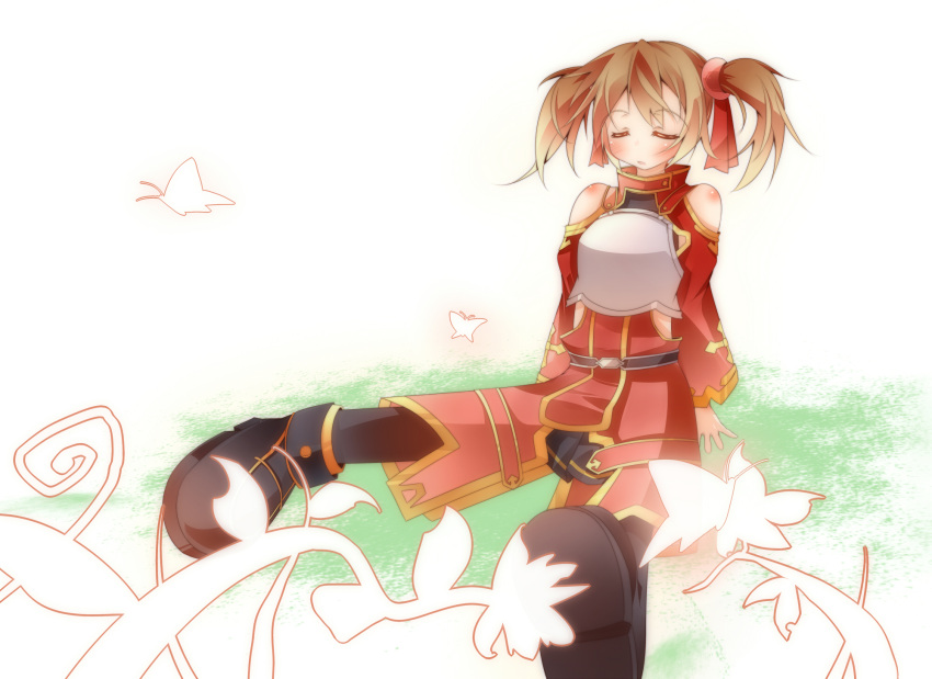 blonde_hair blush butterfly chen_okami closed_eyes daidai_ookami eyes_closed highres insect long_sleeves open_mouth short_hair short_twintails silica sitting solo sword_art_online twintails wide_sleeves