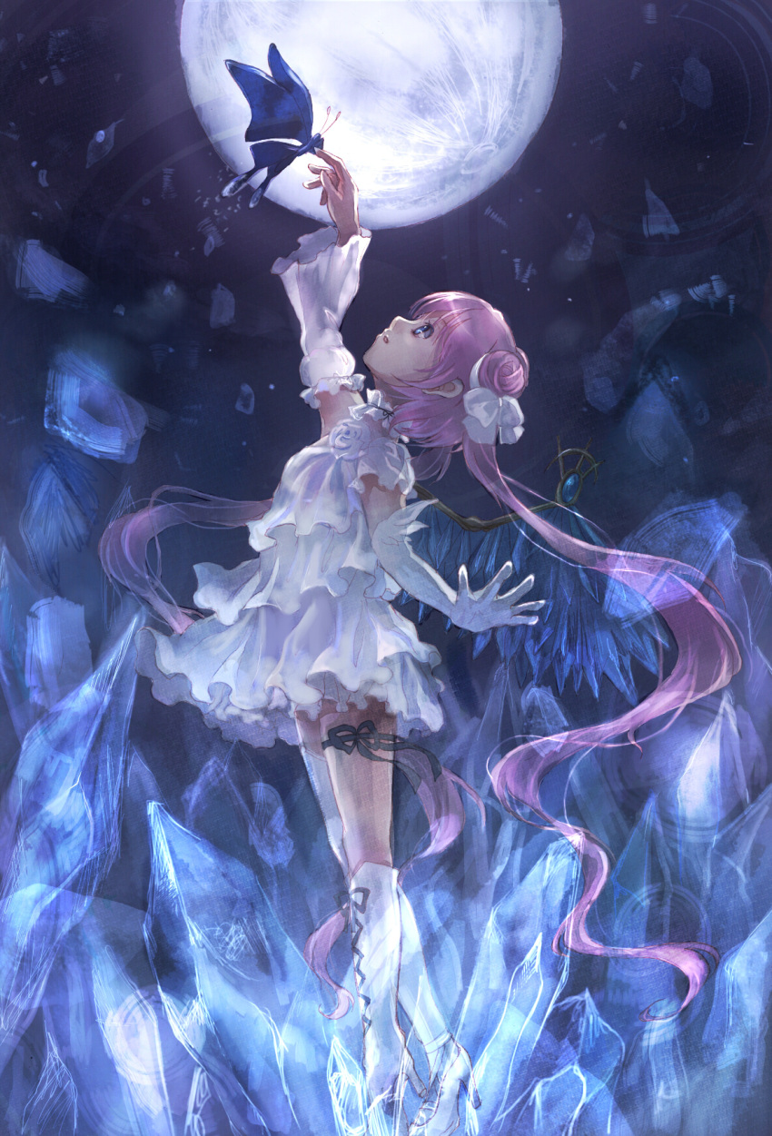 arm_up bad_id butterfly crystal dress highres hoshimiya_waltz long_hair making_of moon night original pink_hair revision ribbon solo twintails wings