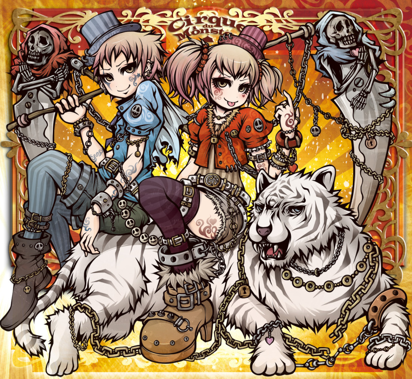 1girl :p belt bracelet brother_and_sister brown_eyes brown_hair chain chains cirque_du_monster futago_no_shinigami_adam_&amp;_eva hat heart jewelry official_art original project.c.k. scythe short_hair shorts siblings sitting skeleton skull striped striped_legwear tattoo thighhighs tiger title_drop tongue twins twintails