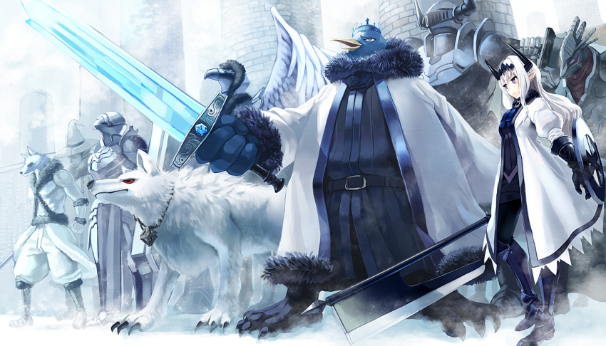 armor crown horns penguin pixiv_fantasia snow sword tori_otoko weapon wings wolf