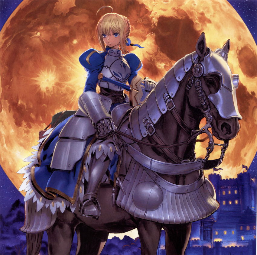 absurdres ahoge armor armored_dress avalon_(fate/stay_night) binding_discoloration blonde_hair blue_eyes braid castle fate/stay_night fate_(series) french_braid full_moon gauntlets hair_ribbon highres horse horseback_riding moon night night_sky ribbon saber sky sword weapon yasuda_akira yellow_moon