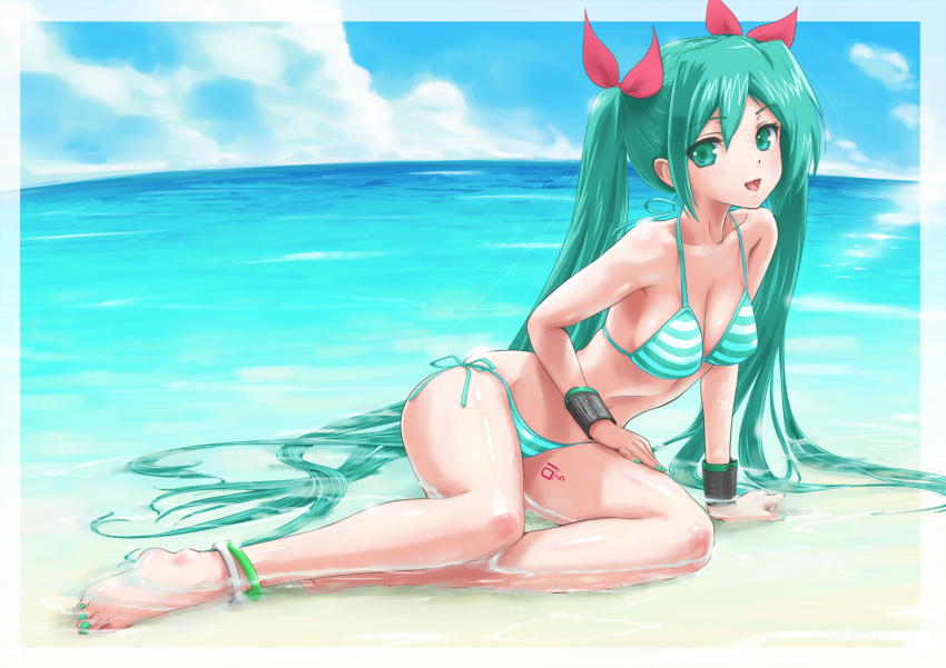 :d anklet aqua_hair arm_support barefoot beach bikini breasts cleavage cloud feet fisheye green_eyes green_hair hatsune_miku highres jewelry long_hair nail_polish ocean open_mouth partially_submerged rasukaru shiny shiny_skin side-tie_bikini sitting skindentation sky smile solo striped striped_bikini striped_swimsuit swimsuit toenail_polish twintails very_long_hair vocaloid water wet