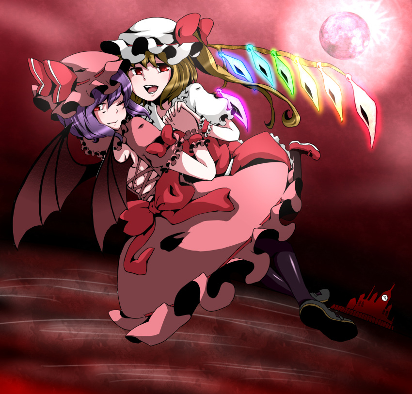 bat_wings blonde_hair blue_hair bow crystal flandre_scarlet hand_holding hat hat_bow highres holding_hands maita moon multiple_girls open_mouth puffy_sleeves red_eyes red_moon remilia_scarlet scarlet_devil_mansion short_hair short_sleeves siblings side_ponytail sisters smile touhou wings wink wrist_cuffs