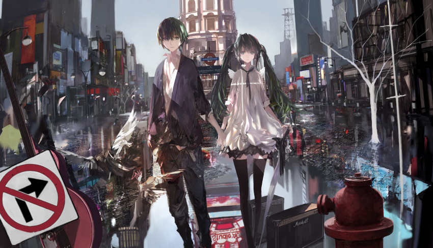 1girl cityscape green_eyes green_hair hand_holding hatsune_miku highres holding_hands lin+ london london_underground outdoors reflection road_sign sign skirt sky thigh-highs thighhighs twintails vocaloid zettai_ryouiki