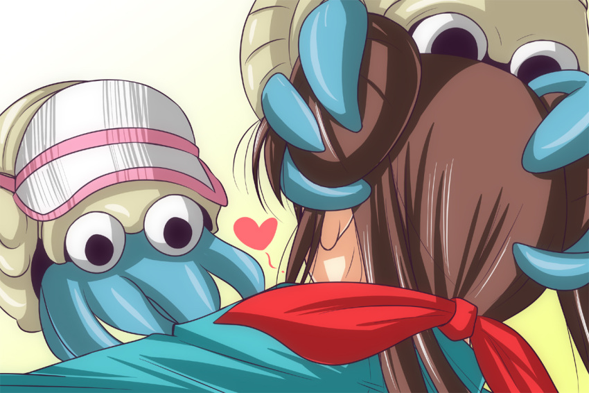 brown_hair bust double_bun from_behind hair_ribbon hat hat_removed head_hug headwear_removed heart mei_(pokemon) nishi_koutarou omanyte pokemon pokemon_(game) pokemon_bw2 ribbon tentacle tentacles twintails visor_cap