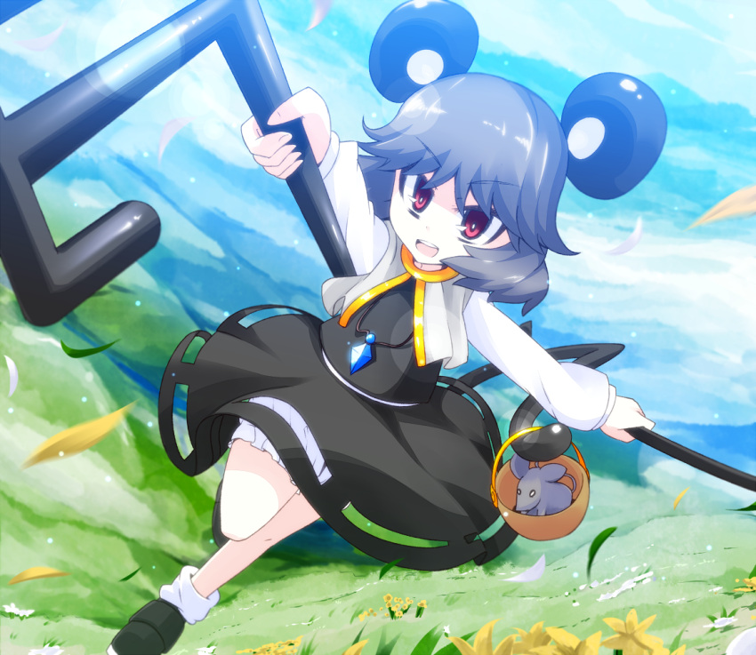 aho animal animal_ears basket capelet dowsing_rod dual_wielding flower grey_hair long_sleeves mouse mouse_ears mouse_tail nazrin open_mouth outstretched_arms petals puffy_sleeves red_eyes short_hair solo tail touhou