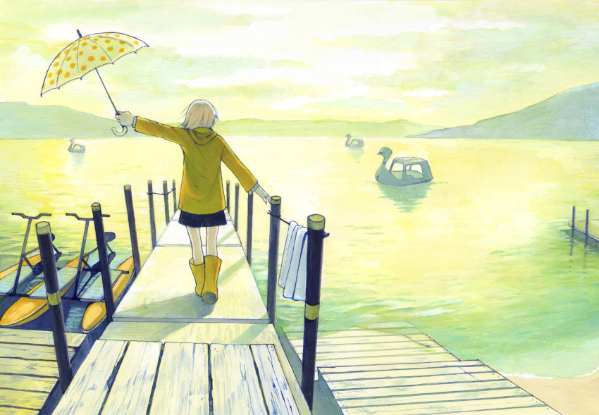 boat chika_(mysweetgarden) dock from_behind lake original outstretched_arm polka_dot raincoat rubber_boots shorts solo standing swan_boat umbrella water