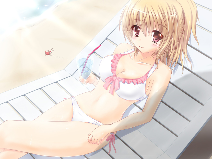 beach_chair bikini blonde_hair blush breasts cleavage crab drink frilled_bikini frills front-tie_top highres kilias large_breasts long_hair lounge_chair lying navel original ponytail red_eyes shiny shiny_skin side-tie_bikini solo swimsuit