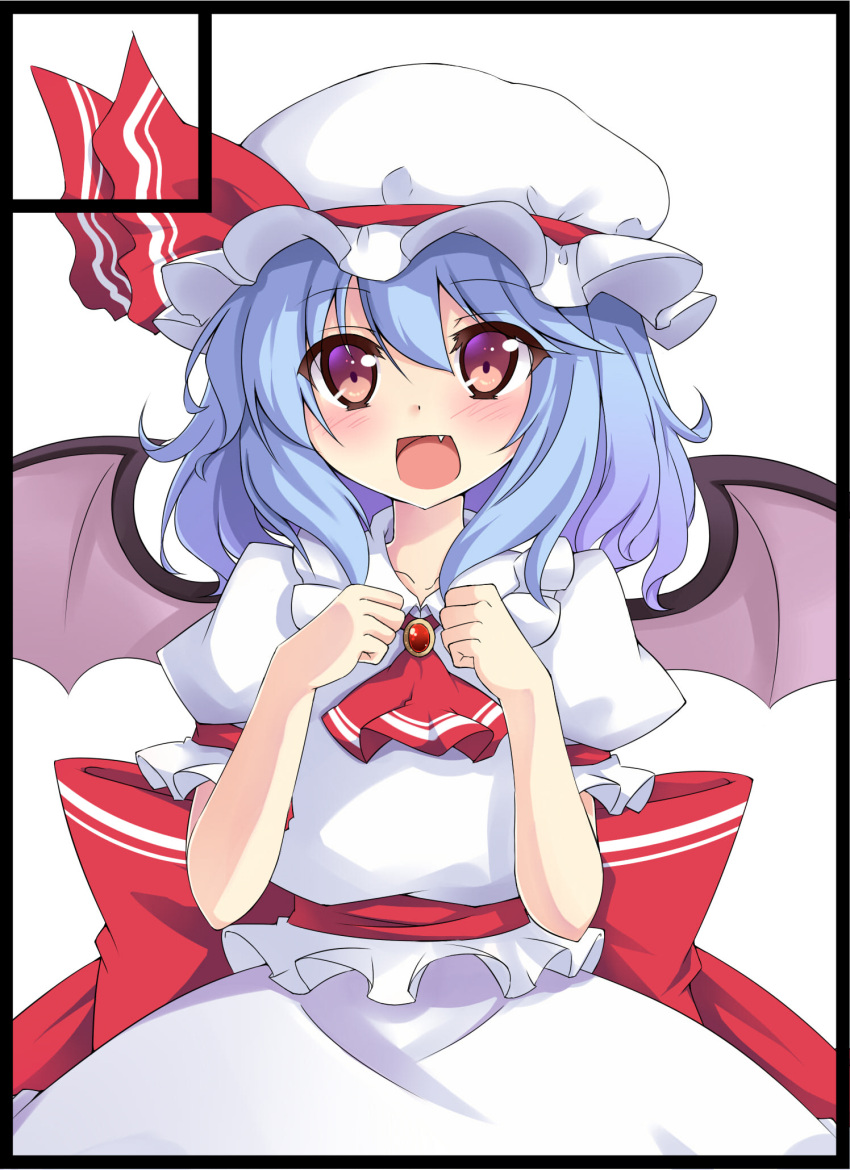 ascot bat_wings blue_hair fang hat hat_ribbon highres jewelry kazami_chiu open_mouth puffy_sleeves red_eyes remilia_scarlet ribbon short_hair short_sleeves solo touhou white_background wings