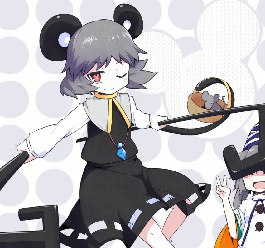 aho animal animal_ears basket capelet closed_eyes dowsing_rod dual_wielding eyes_closed grey_hair hat japanese_clothes jewelry kariginu long_sleeves mononobe_no_futo mouse mouse_ears mouse_tail multiple_girls nazrin open_mouth pendant red_eyes short_hair smile symbol-shaped_pupils tail tate_eboshi touhou wide_sleeves wink