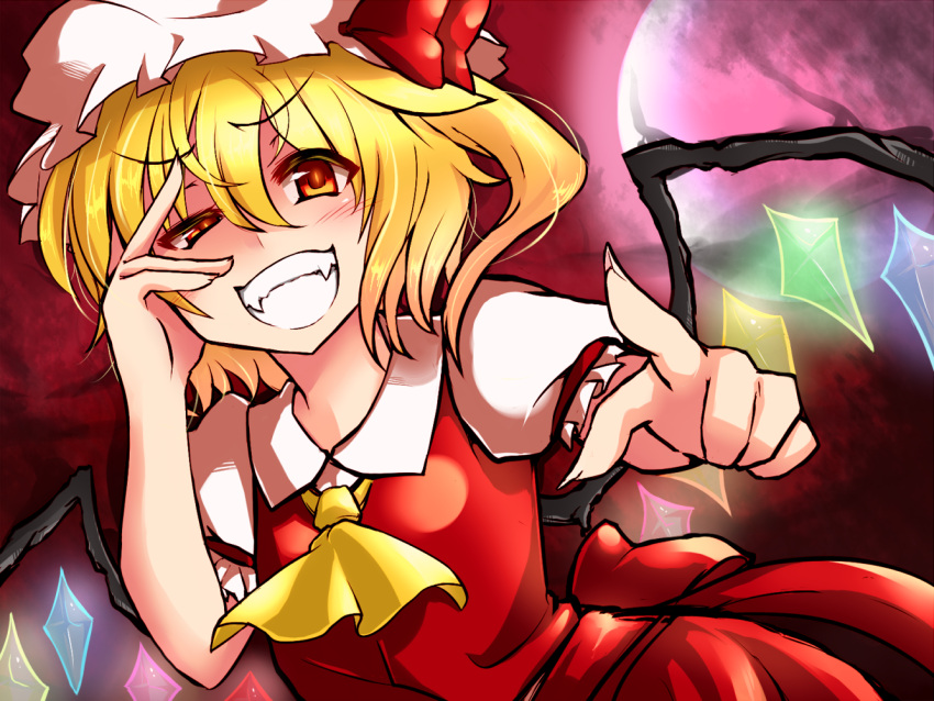 ascot blonde_hair bust crystal fangs flandre_scarlet full_moon glowing glowing_wings grin hand_on_own_face hat hat_ribbon long_hair looking_at_viewer moon pointing pointing_at_viewer puffy_sleeves red_eyes ribbon roki_(hirokix) short_hair short_sleeves side_ponytail smile solo touhou uneven_eyes wings
