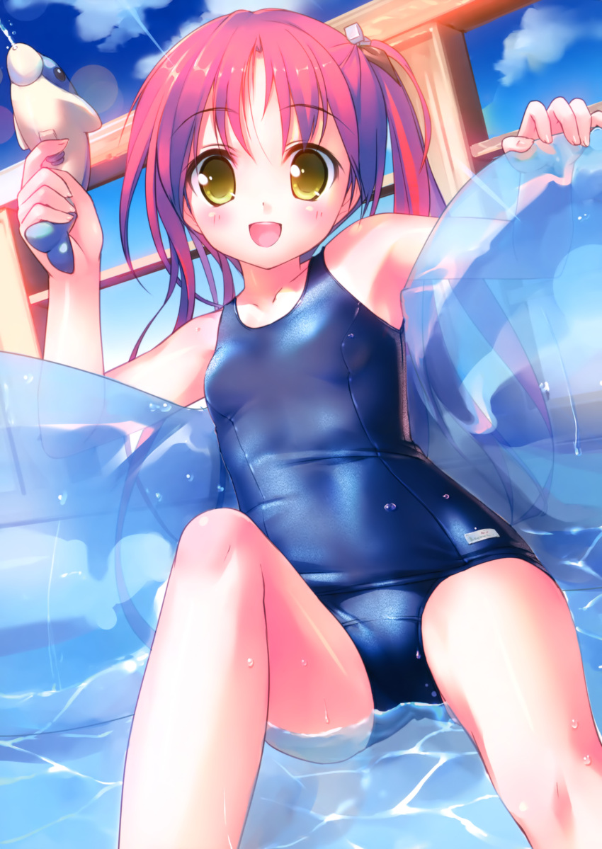 :d absurdres blush hair_cubes hair_ornament highres holding looking_at_viewer one-piece_swimsuit open_mouth original red_hair redhead school_swimsuit shiny shiny_clothes sitting smile solo swimsuit takoyaki_(roast) water water_gun wet wet_clothes yellow_eyes