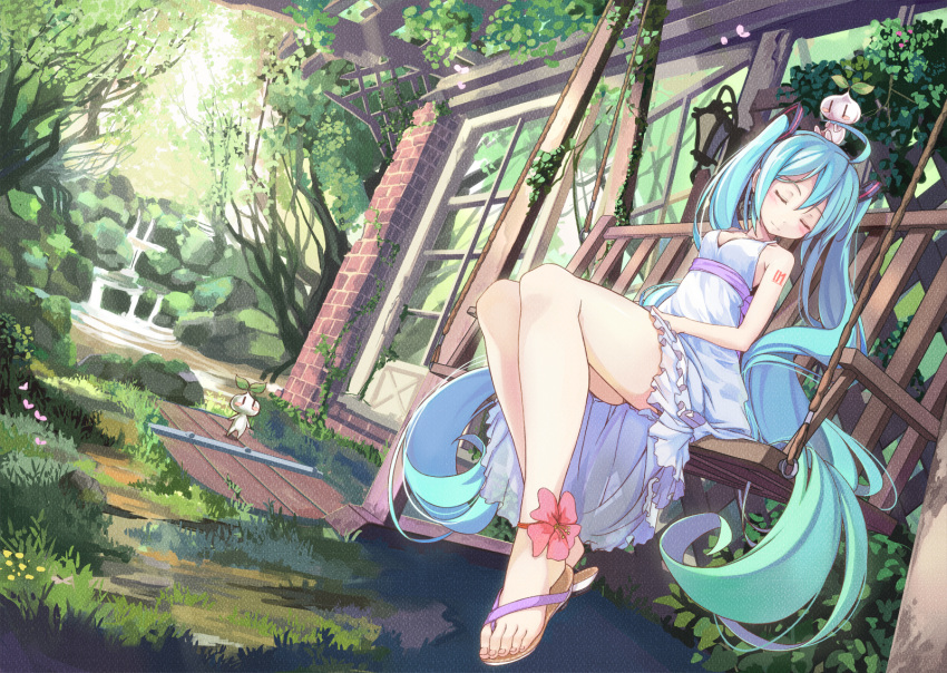 ahoge anklet aqua_hair beek blush_stickers brick_wall closed_eyes dress eyes_closed flower grass hatsune_miku highres jewelry legs long_hair long_legs rope sandals sitting sleeveless sleeveless_dress solo twintails very_long_hair vocaloid wallpaper |_|