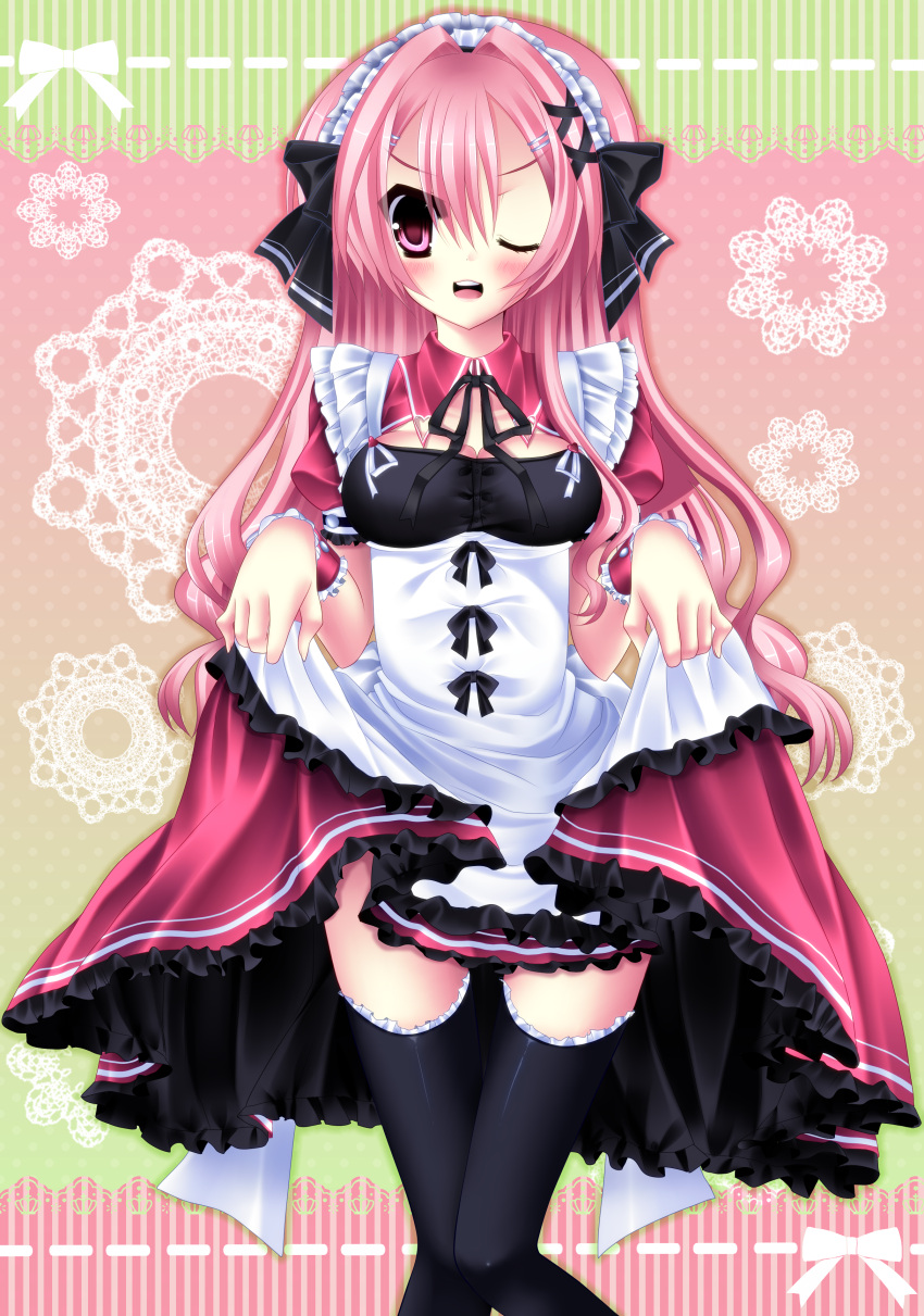 absurdres black_legwear breasts cleavage copyright_request d; frilled_legwear frilled_thighhighs highres lace legs long_hair maid open_mouth pink_eyes pink_hair shira_yuri shirato_sayuri skirt skirt_lift striped striped_background thigh-highs thighhighs wink