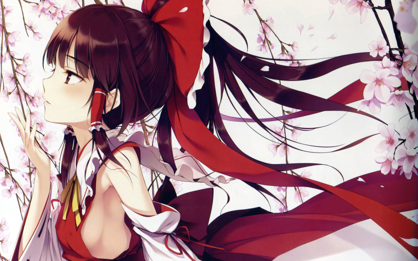 bow brown_hair flower flowers hakurei_reimu ke-ta petals scan touhou