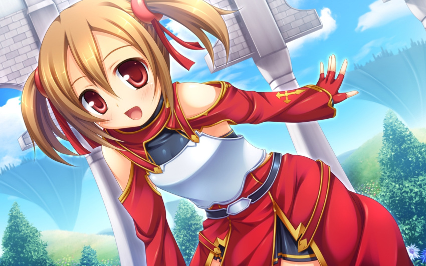 :d bare_shoulders blush breastplate brown_hair fingerless_gloves gloves miu_(c_blue) open_mouth red_eyes short_hair short_twintails silica skirt smile solo sword_art_online twintails