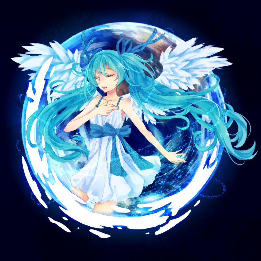 angel_wings aqua_hair closed_eyes dress eyes_closed hatsune_miku long_hair open_mouth sleeveless sleeveless_dress solo tsugumi._(lucida) twintails vocaloid wings