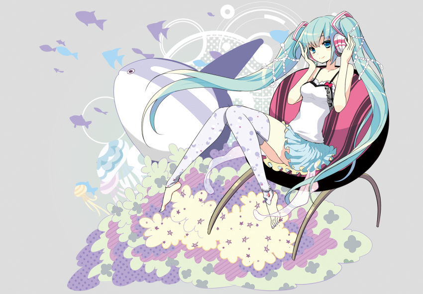 anklet aqua_eyes aqua_hair barefoot chair elbow_gloves feet gin_(oyoyo) gloves hands_on_headphones hatsune_miku headphones headset jewelry long_hair sitting smile solo sunfish thigh-highs thighhighs toeless_legwear toeless_socks toenail_polish twintails very_long_hair vocaloid