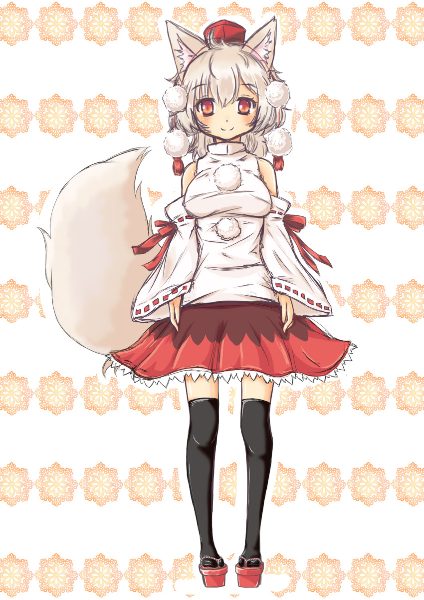 animal_ears bare_shoulders black_legwear blush breasts detached_sleeves geta highres inubashiri_momiji looking_at_viewer onomiya red_eyes short_hair silver_hair smile solo standing tail thigh-highs thighhighs touhou wolf_ears wolf_tail